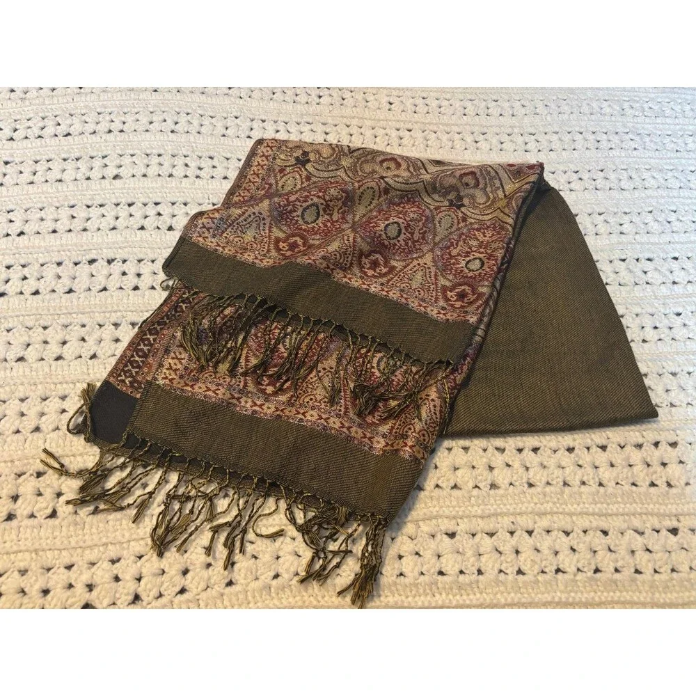 100% pashmina scarf fringe blanket oriental carpet print brown tan